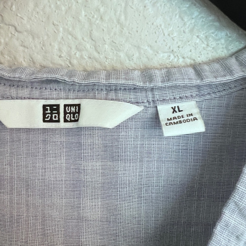 Uniqlo Womens XL Blue Plaid Cotton Henley Blouse Short Sleeve Band Collar Top - Picture 2 of 10